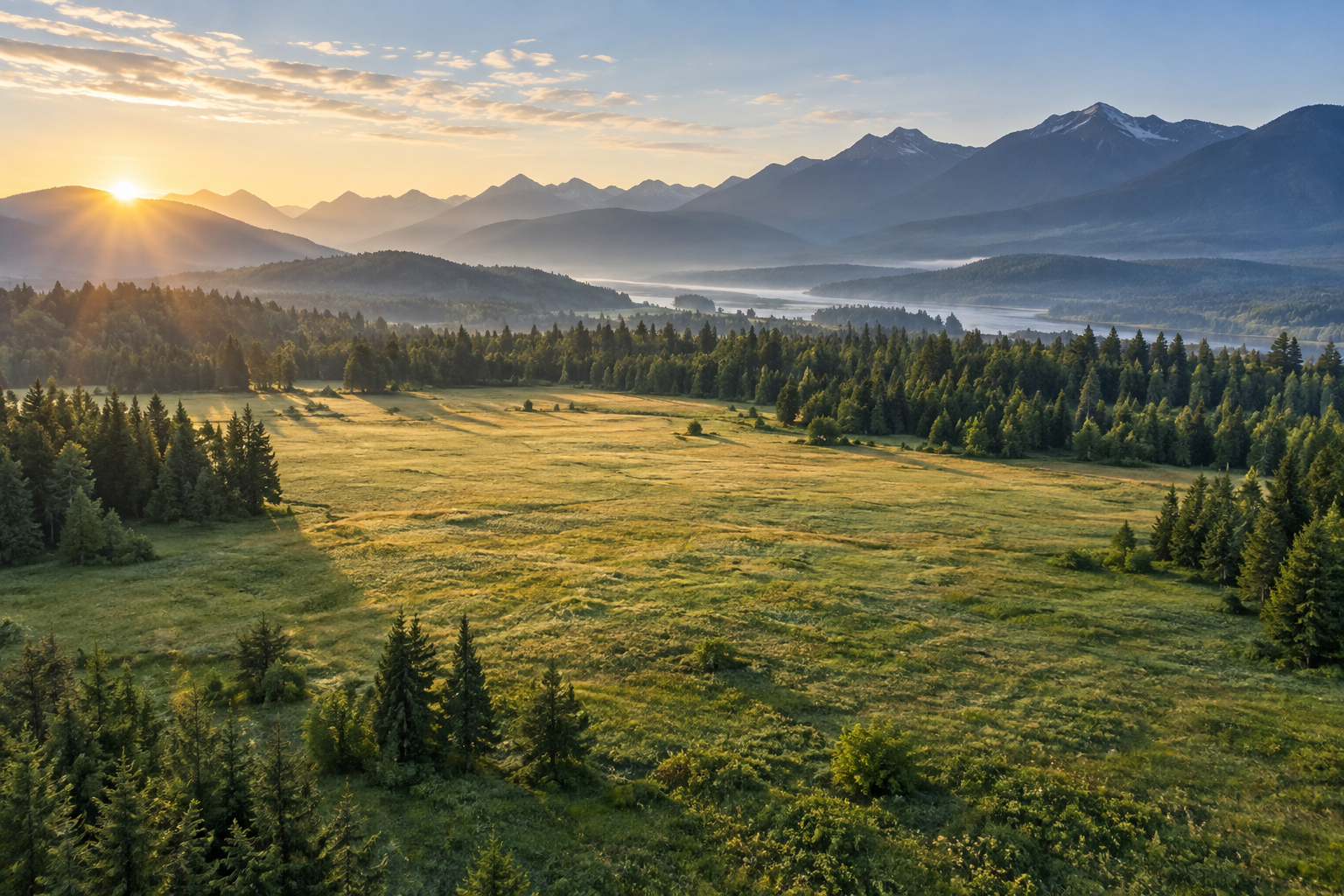 Open grassland and forest beneath distant mountains